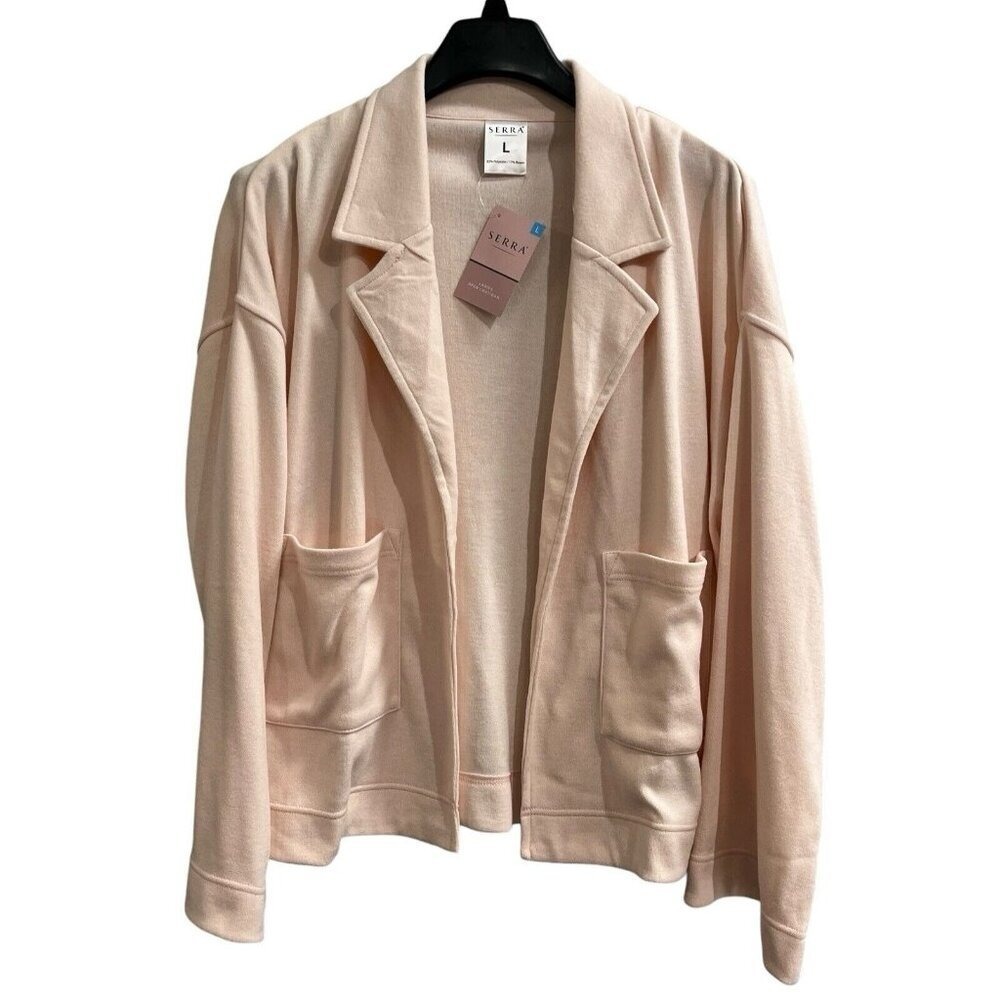 Serra Womens Pink Open Front‎ Coatigan Knit Jacket Blazer Patch Pockets Size L